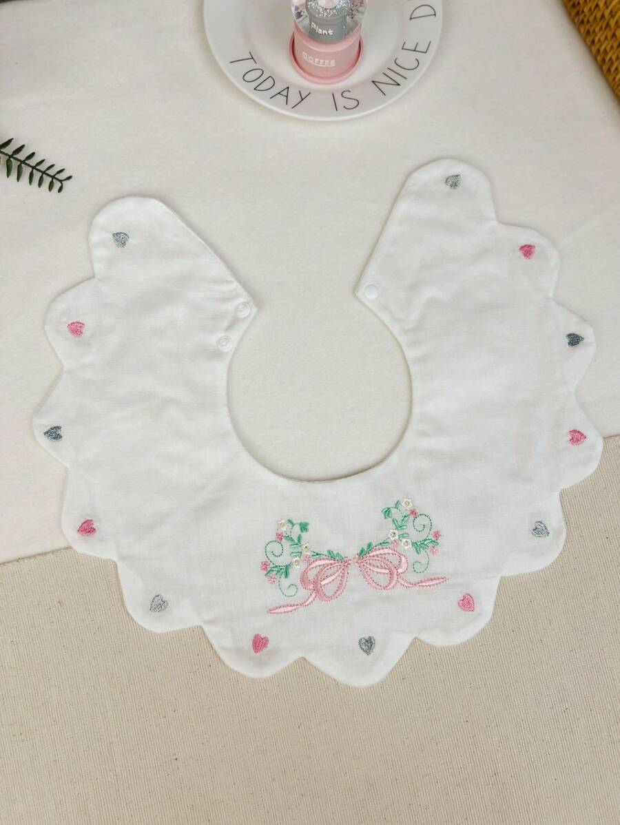 1pc Baby Girls' White Embroidered Drool Bib
