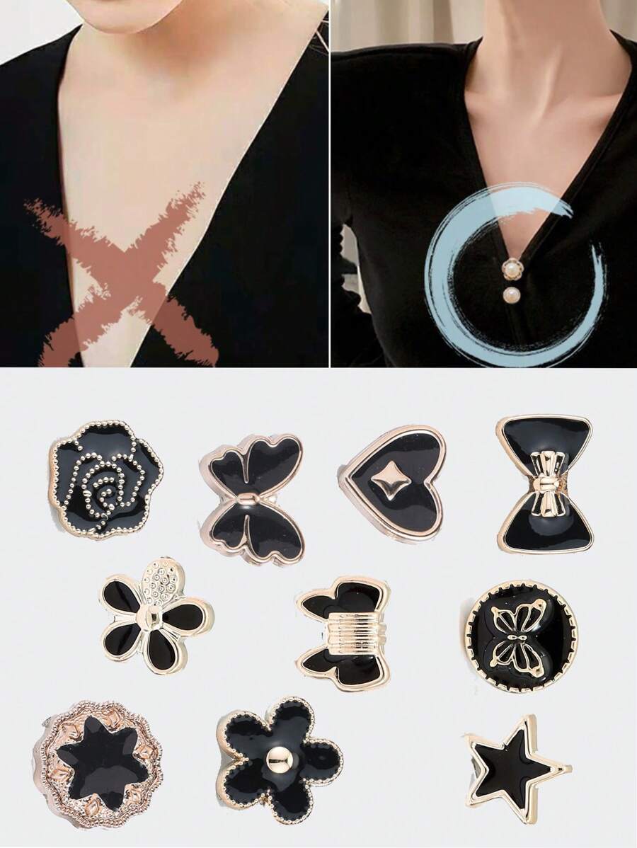 10 件装衣服防滑扣,腰围可调节,仿珍珠胸针,无需缝纫纽扣情人节 - 黑色 - 查看 1
