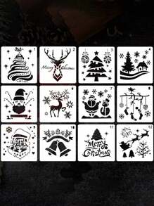 12pcs/pack Reusable Hollow Template For Christmas Drawing And Painting Mixed Design - White - View 1