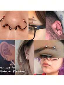 5pcs Eyebrow Piercing Jewelry For Women, Stainless Steel Curved Barbell Eyebrow Rings CZ Belly Button Rings Black Tragus Helix Snake Eyes Tongue Ring Septum Nose Earrings Piercing Jewelry Set