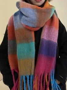 1條女士格紋厚款流蘇長圍巾,多用途,保暖,披肩,頭巾,裝飾圍巾,適用於日常使用