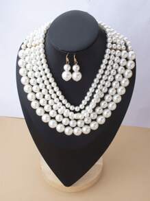 2pcs/Set Fashionable Exaggerated French-Style Multi-Layer Faux Pearl Necklace Set, Suitable For Banquets, Parties, Weddings, And Winter Sweater Dresses