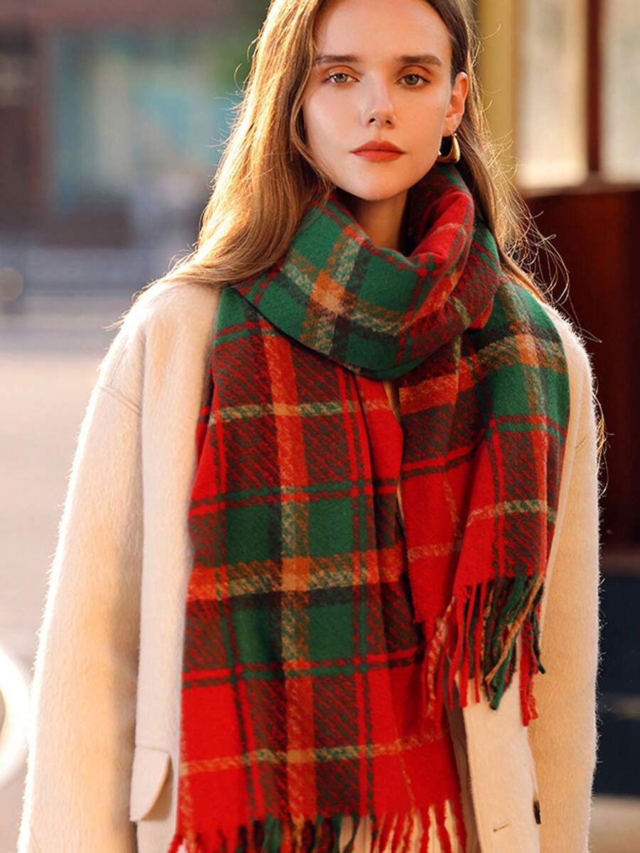 聖誕節圍巾,紅色加厚加布料,男女雙面披肩 - 紅色 - 查看 1