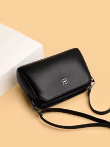 1 件純色荔枝圖案 Pu 皮革裝飾簡約女用斜背包,適合日常使用 - 黑色 - 查看 2