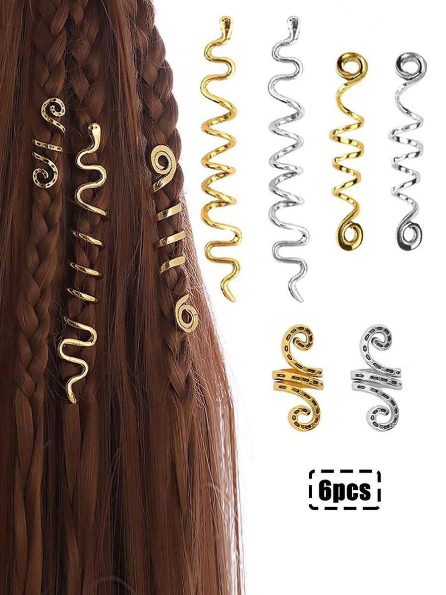 6入組復古合金髮圈螺旋髮圈髮夾嬉皮風格女孩髮飾
