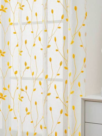 1pc Embroidered Semi-Sheer Curtain With Pocket, Faux Linen Floral Leaf Design Window Drape For Bedroom Living Room, Fashionable Curtain For Enhancing Privacy And Air Circulation, Decorative Botanic Green Leaf Curtain