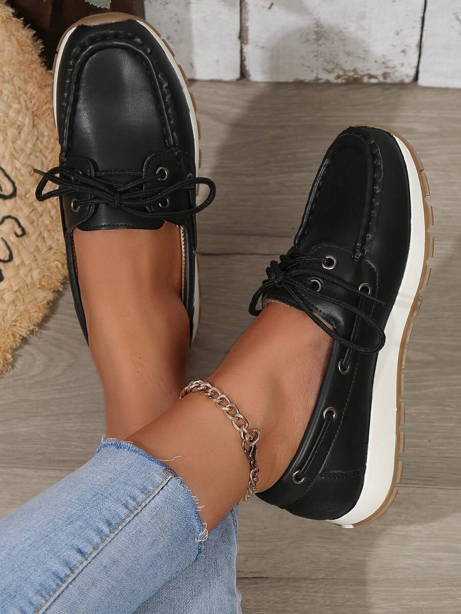 2023新款女式懶人鞋,厚底帶型休閒鞋,舒適平底鞋,百搭款式 - 黑色 - 查看 1