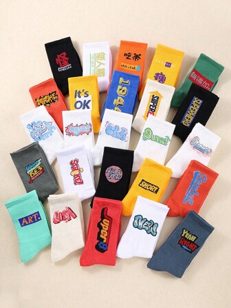 1/5/10 Pairs Unisex Random Color Letter Graphic Crew Socks For Men & Women, Outdoor Sports Running Hiking Trainer Socks, Baseball Socks Holiday Birthday Gift, Christmas Decoration Gift
