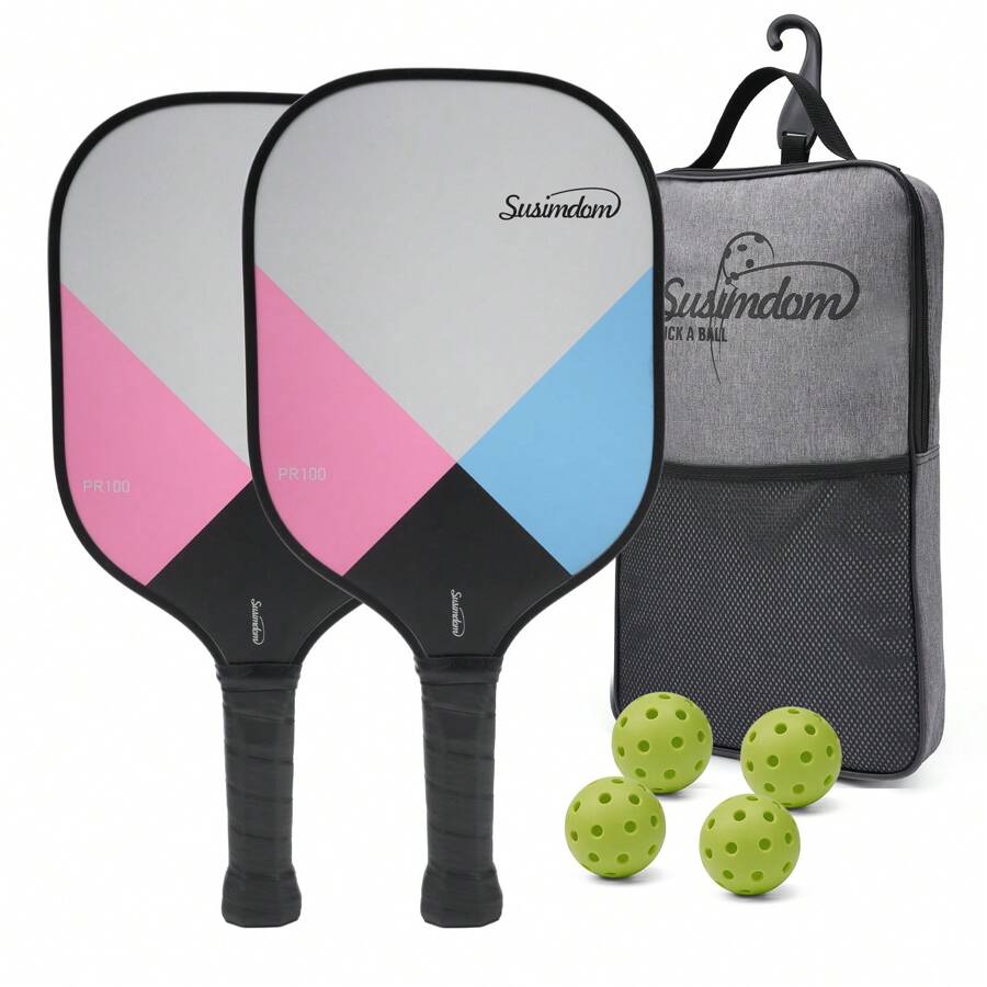 Susimdom Pickleball拍組,2支粉色拍子與4個室外pickcleballs及攜帶袋 - 粉色 - 查看 1
