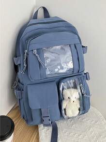 shinaier Mochila Moderna De Dos Compartimentos Con Múltiples Bolsillos Y Función Antirrobo, Viene Con Un Pequeño Colgante De Oso - Azul - Ver 2