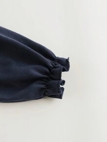 女孩的法式花卉圖案上衣,配有蝴蝶結領口和長袖,秋季風格 - 藏蓝色 - 查看 4