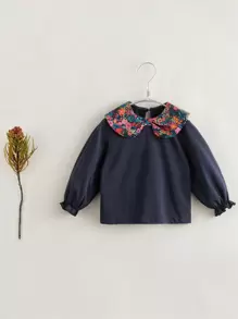 女孩的法式花卉圖案上衣,配有蝴蝶結領口和長袖,秋季風格 - 藏蓝色 - 查看 1