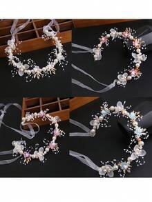 1頂超仙女金葉子花朵、珍珠和頭帶頭饰,甜美歐洲婚禮新娘頭飾