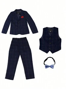 4入組兒童西裝夾克、背心、褲子和領結,男孩正式服裝裝扮,適用於表演、秋季 - 藏蓝色 - 查看 2