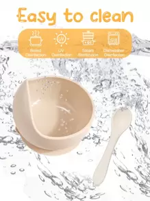 2件套婴儿喂食餐具套装硅胶碗带吸盘和软硅胶勺儿童训练软硅胶喂食套装礼物 - 杏色 - 查看 5