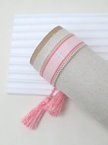 An Embroidered Cross Bohemian Handwoven Web Tassel Bracelet - Baby Pink - View 2