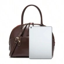 固定形狀的柔軟pu皮革和油蠟pu皮革大海螺帶掛件手提包,可拆卸肩帶 - 鏽棕色 - 查看 4