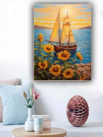 旅行復古帆布藝術品,海洋帆船森林風景畫面,復古鄉村花卉,家庭客廳入口,帆布油畫壁飾(不含框架)