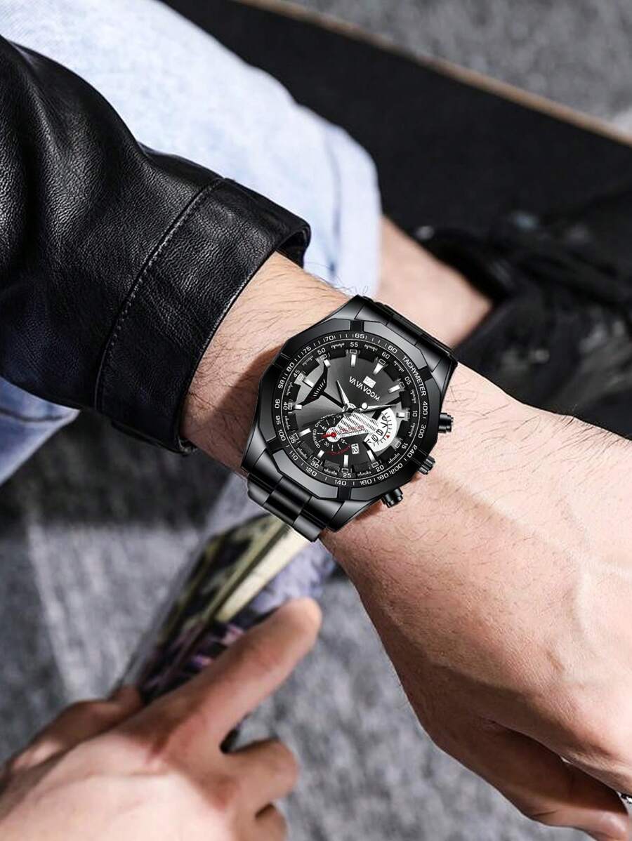 1 Miếng Đen Mát mẻ Nam Đồng hồ VA VA VOOM Đúng mốt Không thấm nước Thép không gỉ Watch Band  Lịch Quartz Đồng hồ Để Trang Trí Hàng Ngày
