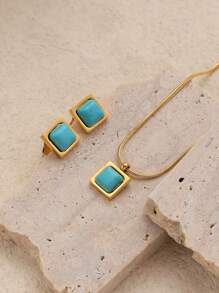 Conjunto De Colar E Brincos De Personalidade Vintage Em Aço Inoxidável Folheado A Ouro De 18k Com Turquesa Natural