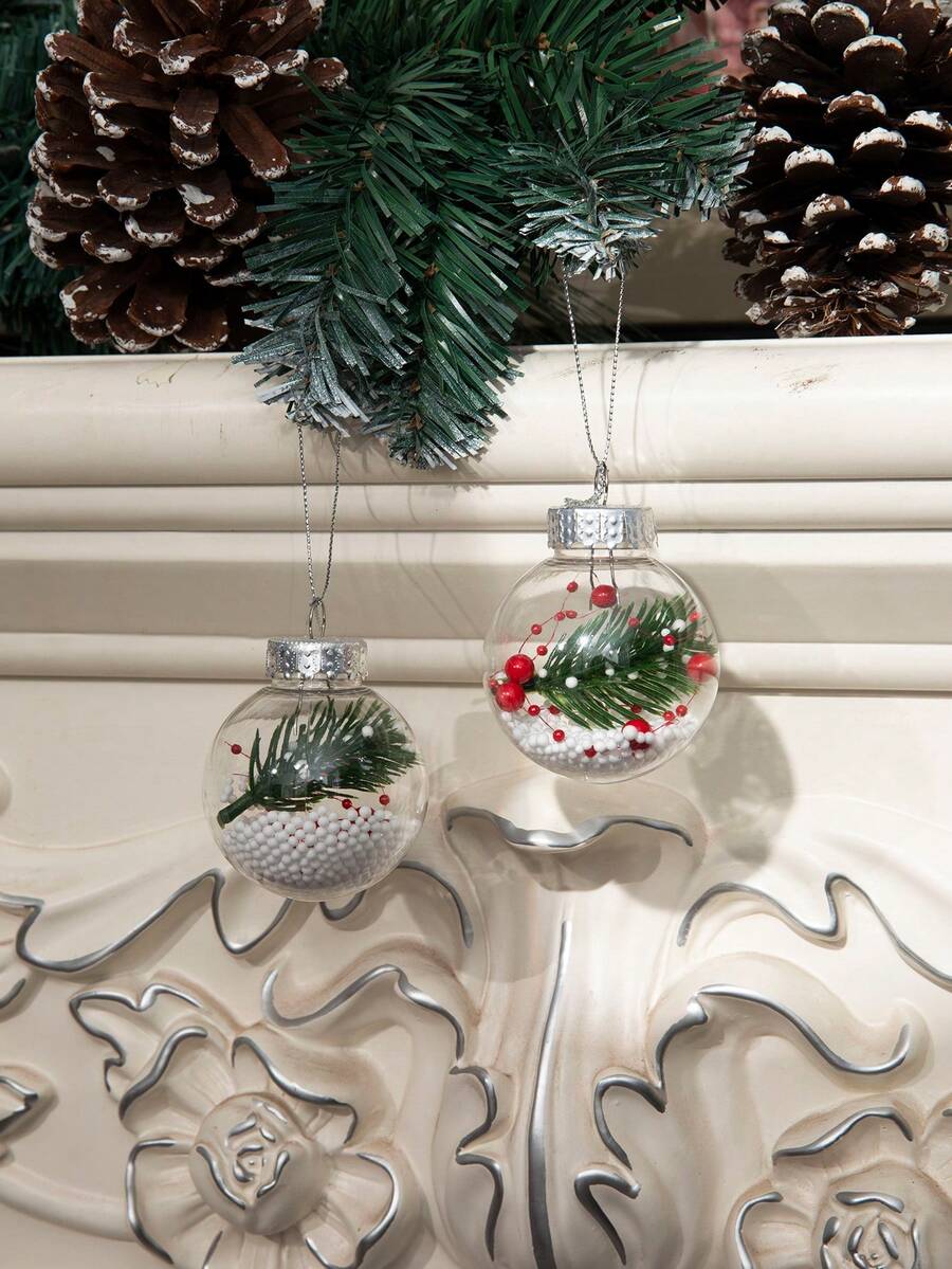 6 件聖誕裝飾球,6 厘米(2.36 英寸)裝飾吊墜,帶有紅漿果、松果、松針、白色泡沫填充、塑料透明球,非常適合聖誕樹裝飾