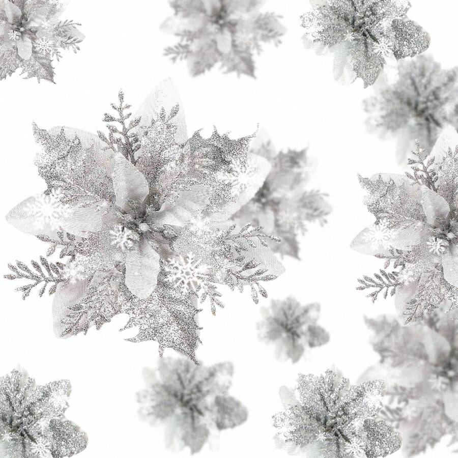 AUSOGO 1套/12入聖誕閃亮人工彩植物紅星花及銀色星花裝飾,適用於婚禮、聖誕樹和新年裝飾 - 銀色 - 查看 1