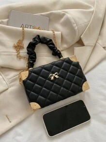 1pc New Solid Color PU Leather Quilted Box Bag With Bow Decor, Elegant Commuter Cloud Folded Handheld Box Bag With Metal Chain Strap, Daily Use Ladies' Gift Small Square Bag Pouch - Black - View 7