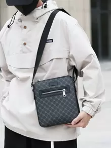 男士商务小方包休闲单肩斜挎包单肩包，斜挎包，胸包带耳机孔，轻便，适合上学、户外活动、圣诞节礼物、尖叫包、冬季包、感恩节假期礼物、侧包、手提包、复古包、情人节包、斜挎包贴纸、返校情人节礼物、复古单肩包 - 黑色 - 查看 6