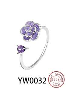 1Pc Phong Cách Pháp Bạc 925 Nhánh Hoa Camellia & Đá Cubic Zirconia Chi Tiết Có Thể Điều Chỉnh Mở Vòng, quà Tặng Sinh Nhật - Bạc - Xem 5