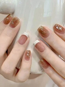 24pcs/set Short Square Shiny Gold Color False Nails With Jelly Glue And Nail File For Party Decoration - Multicolor - View 1