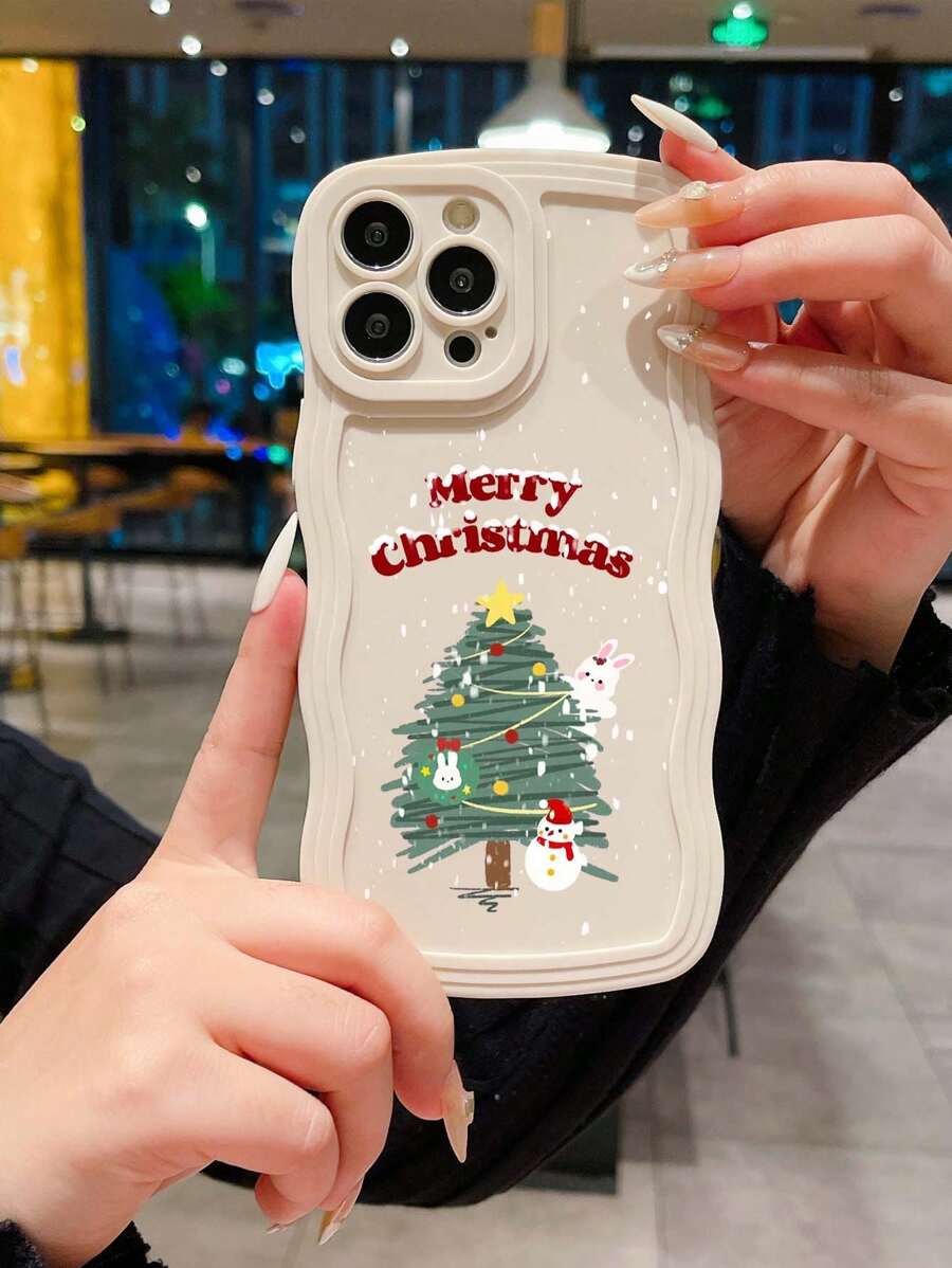 1pc Christmas Tree & Snowman & Bunny Print Wave Design Phone Case Compatible With Apple - White - View 1