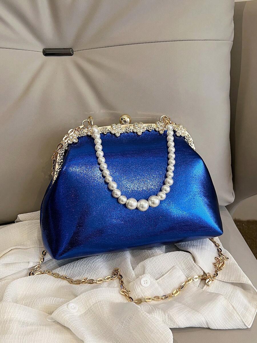華麗優雅的晚宴包,鑲嵌著鑽石裝飾的鎖子,皇家藍色復古貝殼包,雲朵包,皇家藍色手拿包,假珍珠手袋裝飾,適用於派對婚禮晚宴的禮物包裝 - 寶藍色 - 查看 1
