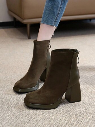 Women's 2023 New Comfortable And Fashionable Waterproof High Heel Shoes With Platform, Thick Bottom And Square Toe, Chunky Short Boots With Back Zipper, Motorcycle Boots