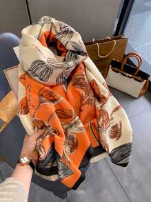 FADZOYLE 1条橙色女士围巾，羊绒质感，长款时尚流苏披肩，经典花卉印花，保暖丝滑，超大披肩围巾，适合秋冬季日常、晚宴、旅行、办公、冬季婚礼和送礼，优雅百搭。 - 橘色 - 查看 5