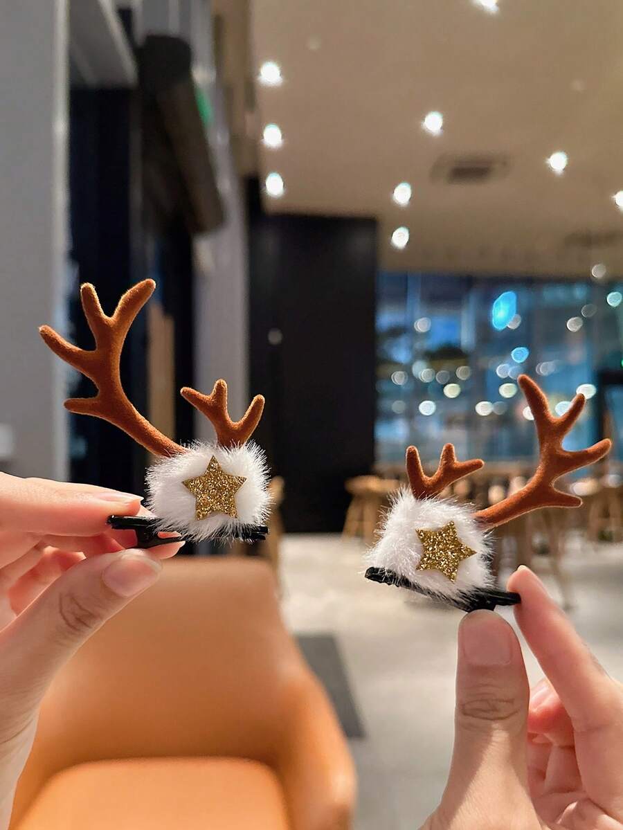 1對星星和鹿角設計的聖誕造型髮夾,可愛的髮飾,適用於成人和兒童派對裝飾