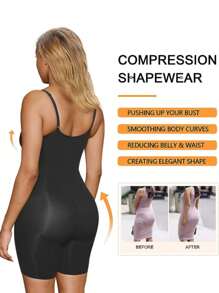 女士細肩帶連身塑身衣，配有無縫控腹和提臀設計，適用於產後恢復和瑜珈 - 黑色 - 查看 4