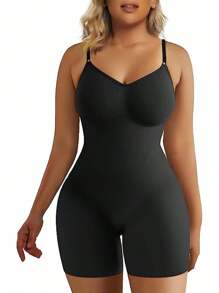 女士細肩帶連身塑身衣，配有無縫控腹和提臀設計，適用於產後恢復和瑜珈 - 黑色 - 查看 2
