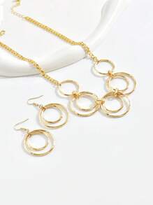 1set Fashionable Simple Round Pendant Necklace & Earrings Set - Yellow Gold - View 4