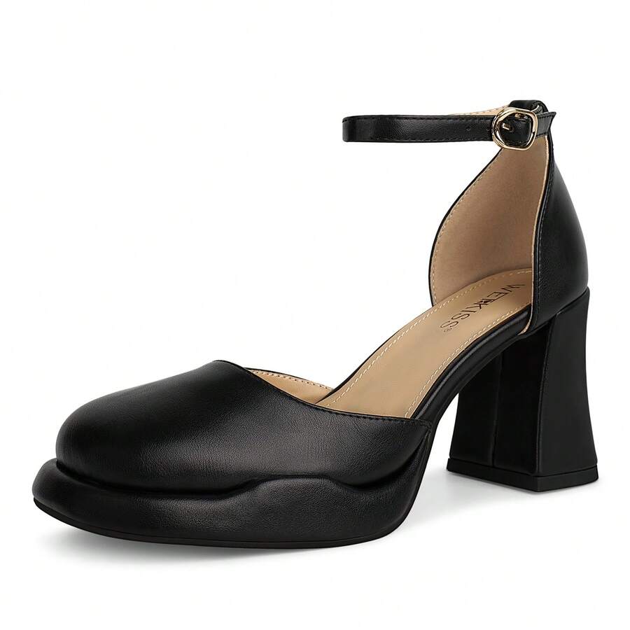 WETKISS Platform Chunky Heels for Women, with Ankle Strap and Square Toe, Cute and Comfortable - 黑色 - 查看 1