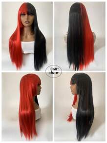 1 件長直女式假髮,半紅半黑和洛麗塔瀏海。非常適合角色扮演、學校、萬聖節、感恩節、聖誕節服裝。高密度合成耐熱纖維,無膠
