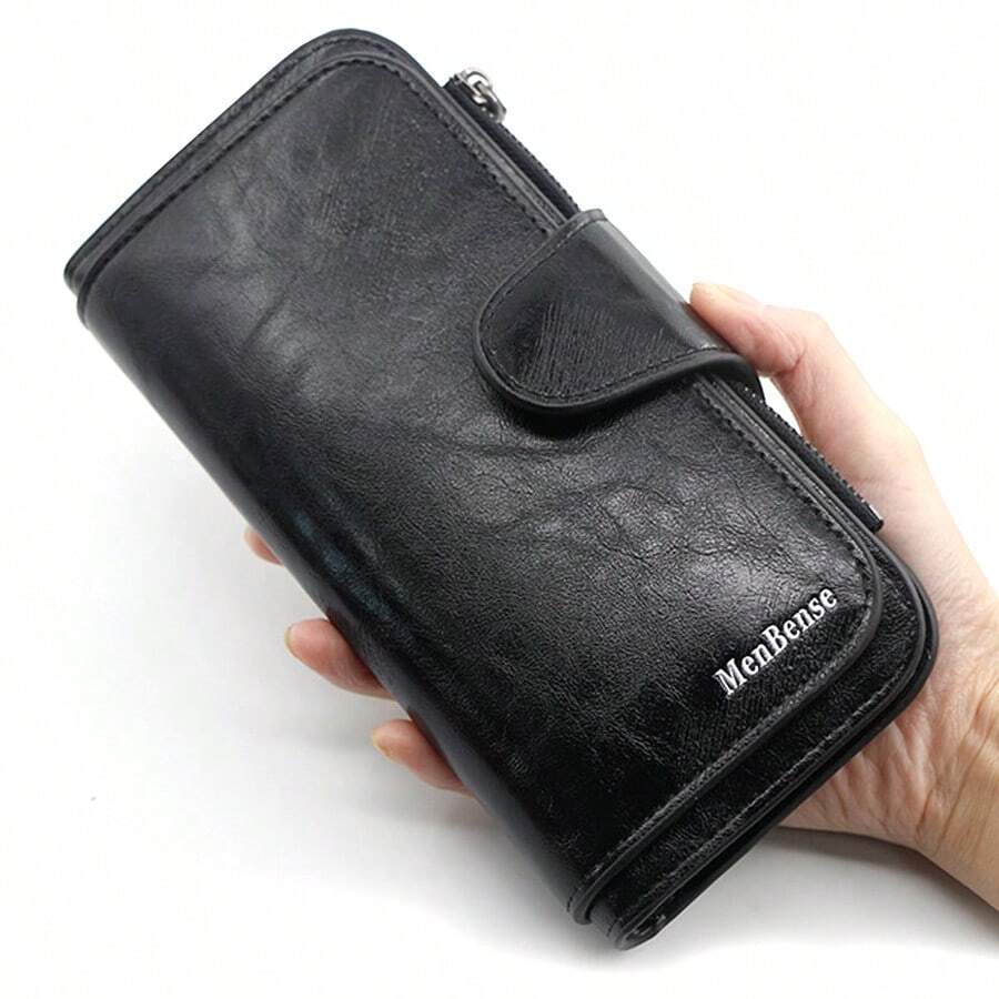 女士长款钱包，简约油皮纯色零钱包，手拿包（所有印刷字母/图案均为随机） - 黑色 - 查看 1