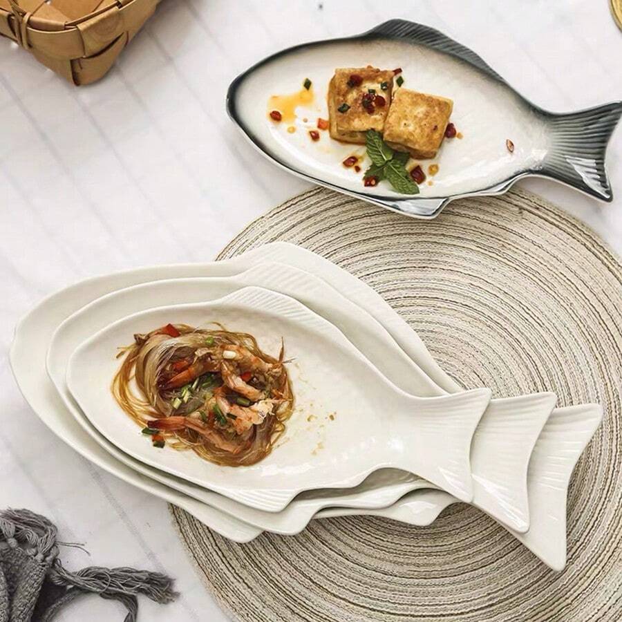 1pc White Ceramic Fish-shaped Platter, Creative Ellipse Fish Plate For Steamed Fish In Restaurant - White - View 1