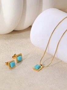 Conjunto De Colar E Brincos De Personalidade Vintage Em Aço Inoxidável Folheado A Ouro De 18k Com Turquesa Natural