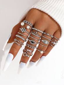 24入組復古護眼 & 雪花 & 假珍珠設計優雅戒指套裝,鑲嵌鑽石細節,適合女性日常穿戴 - 銀色 - 查看 2