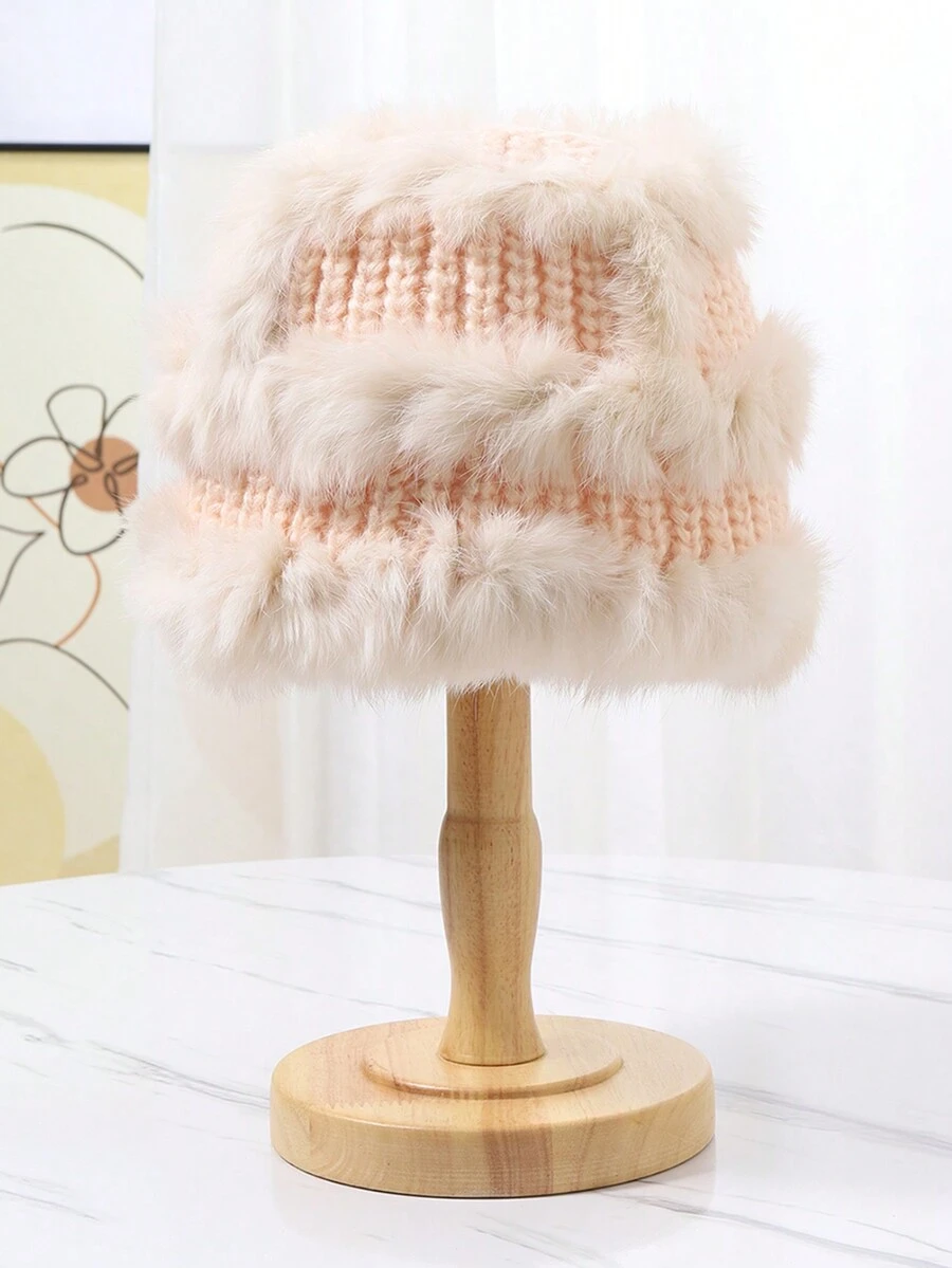 Mũ dệt kim lông tơ mùa thu đông, mũ xô ấm áp, mũ sư tử đánh thức, thích hợp để mặc hàng ngày và giữ ấm - Hồng - Xem 1