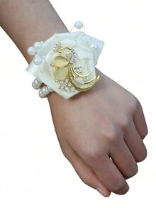 1 Miếng Cô dâu & Chải ngựa Hoa cổ tay & Hoa cài áo Bộ - Màu be - Xem 3