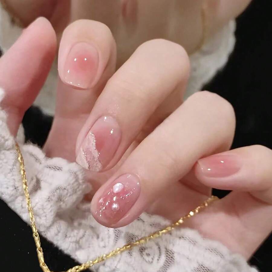 24 Unids/set De Uñas Postizas Rosas Translúcidas De Forma Cuadrada Corta De Lámina Plateada Con Patrón De Onda, Adecuadas Para Uso Diario - Multicolor - Ver 1