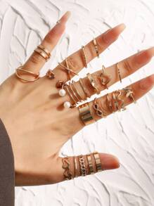 22 peças/Conjunto de Anéis Articulados com Extremidades Abertas, Incluindo Designs em Formato de Coração e Borboleta para Mulheres, Elegante, Halloween, Dia dos Namorados