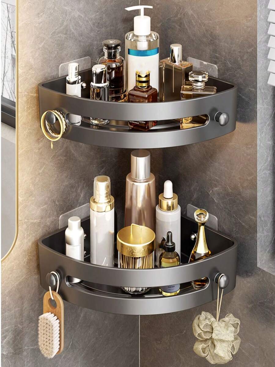 可選擇多層槍灰色浴室三腳架浴室儲物架三角免鑽角落儲物掛架掛牆式浴室洗臉盆 - 深灰色 - 查看 1