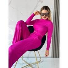 Conjunto Blusa De Manga Larga Y Pantalones Acampanados Para Mujer - Rosa Fucsia - Ver 3